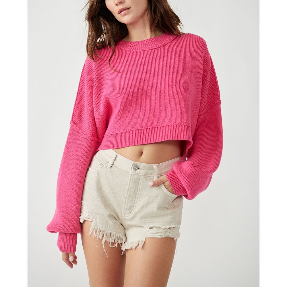 Free People Easy Street Cropped Pullover Sweater Pink Firework size L Like New